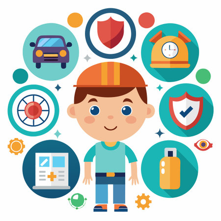 Happy cartoon man with various flat icons around him.のイラスト素材