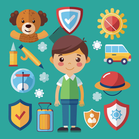 Happy cartoon boy surrounded by safety symbols like shields, a no virus sign, a compass, and a toy teddy bear.のイラスト素材