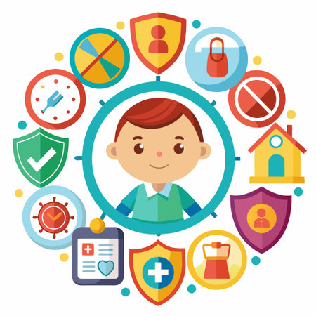 Colorful safety icons surround a happy cartoon child.のイラスト素材