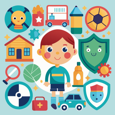 Boy with blue shirt and red hair surrounded by various icons.のイラスト素材