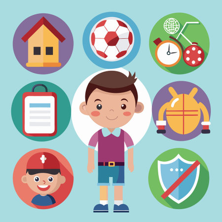 Boy in a purple shirt with a red cap surrounded by icons depicting sports, house, clock, and shield.のイラスト素材