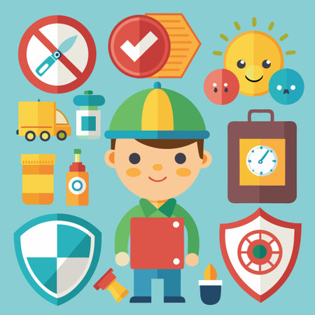 Cartoon boy with various safety icons, including a no knives sign, check mark, sun, shields, clock, and truck.のイラスト素材