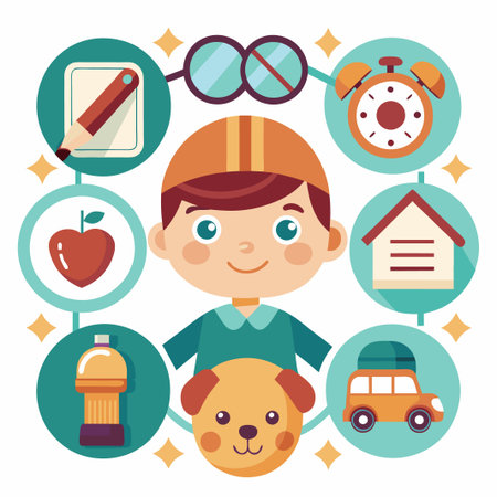 Happy boy with various icons around him.のイラスト素材