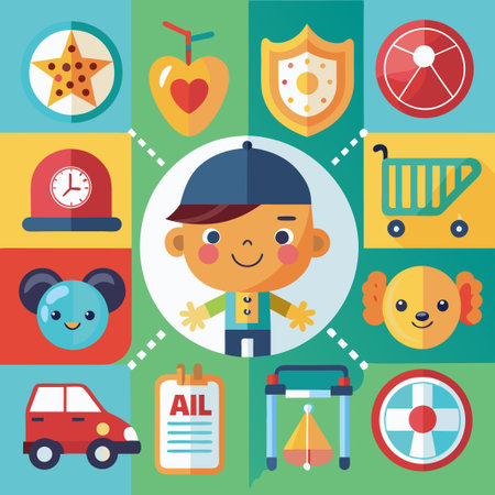 Happy boy in a blue cap surrounded by various colorful icons.のイラスト素材