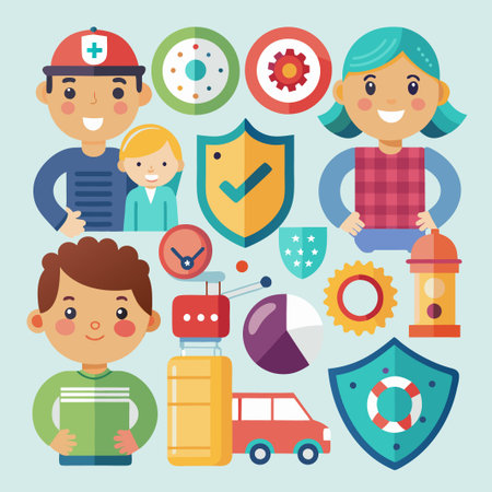 Cartoon illustration of various objects like children,  shields, clock, lifebuoy, pie chart, car, and gears.のイラスト素材