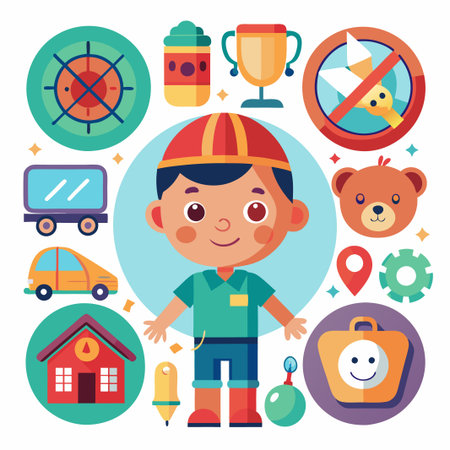 Happy boy surrounded by various objects.のイラスト素材