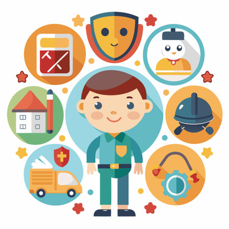 Smiling boy surrounded by colorful icons of everyday objects.のイラスト素材