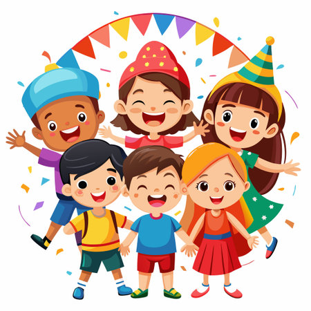 Happy children celebrating with confetti and colorful flags.のイラスト素材