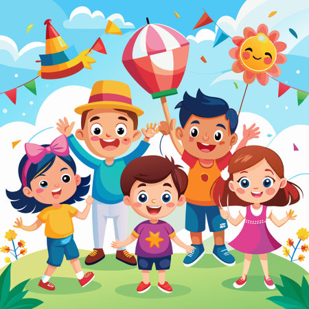 Happy kids playing outside on a sunny day.のイラスト素材