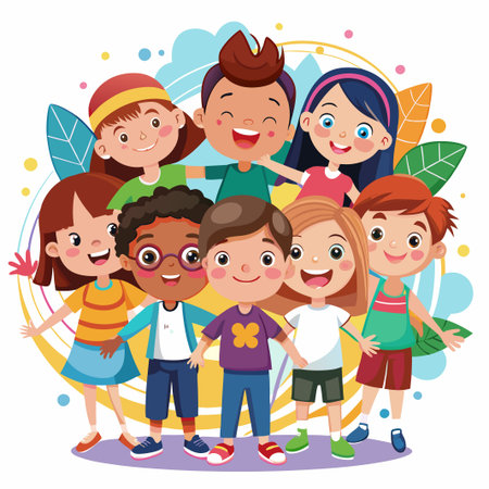 Group of happy and diverse children smiling together.のイラスト素材