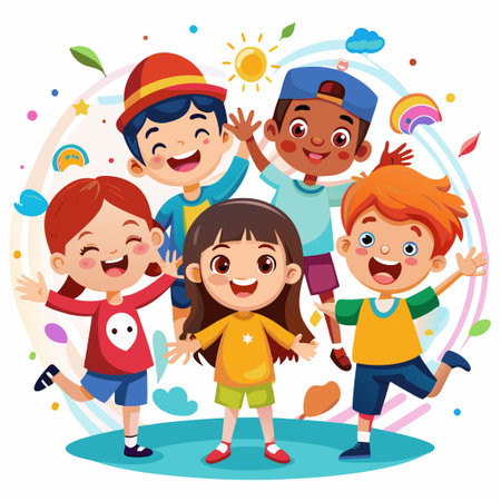 Happy diverse group of children smiling and playing in a colorful background.のイラスト素材
