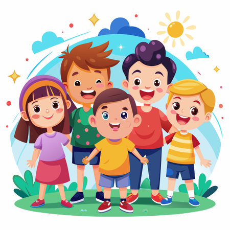 Four smiling kids standing together on a grassy hill with a sunny sky.のイラスト素材