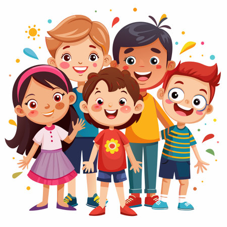 A group of smiling children standing together with colorful clothes and confetti around them.のイラスト素材