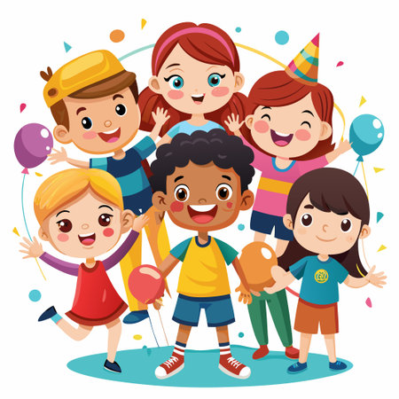 Group of happy children with balloons celebrating.のイラスト素材