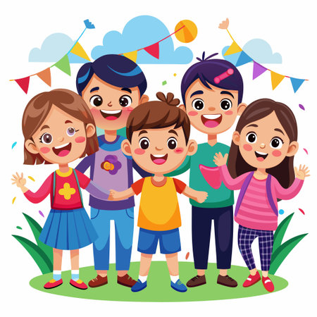 Four smiling kids stand together, holding hands and smiling happily.のイラスト素材