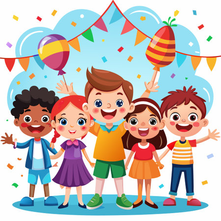 Happy diverse group of children celebrating with confetti and balloons.のイラスト素材