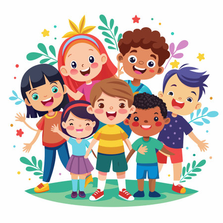A group of diverse children smiling and standing together in a friendly way.のイラスト素材