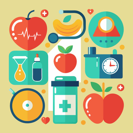 Colorful flat icons with health and wellness themes like apples, hearts,  a stethoscope, and pill bottle.のイラスト素材