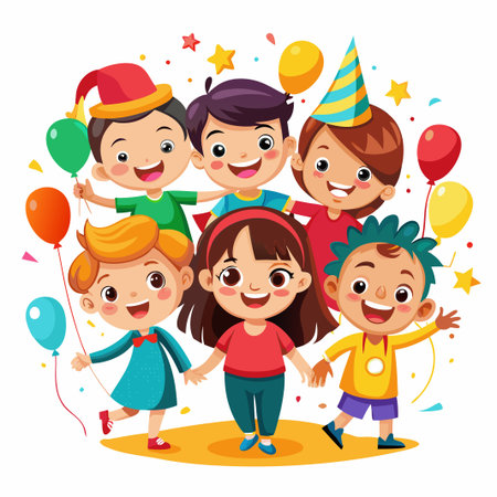 Happy kids celebrating with balloons and confetti.のイラスト素材