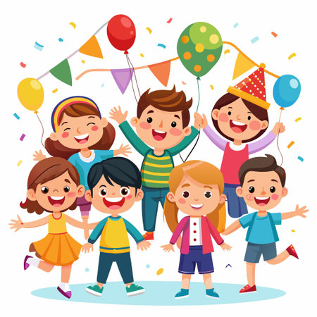 Happy kids celebrating birthday with colorful balloons and party flags.のイラスト素材
