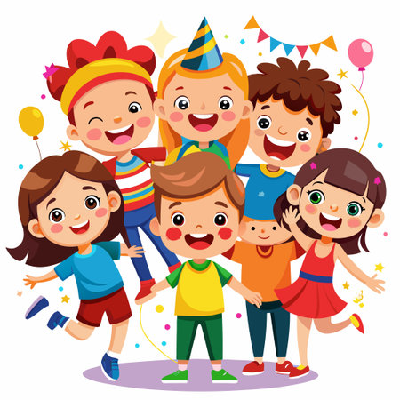 Six happy kids celebrating with confetti and balloons.のイラスト素材