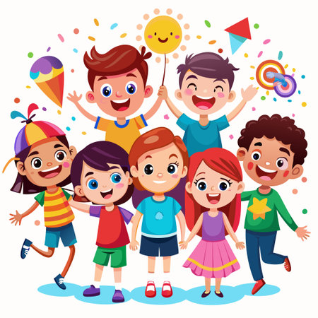 Happy group of children celebrating with confetti and colorful decorations.のイラスト素材