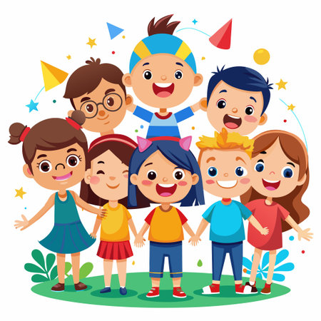 Happy smiling kids standing together in a line on green grass.のイラスト素材