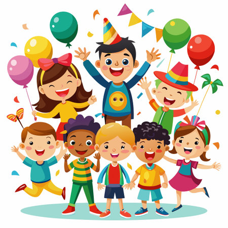 Happy kids celebrating with colorful balloons and party decorations.のイラスト素材