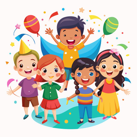 Five diverse children celebrating a birthday with confetti and balloons.のイラスト素材