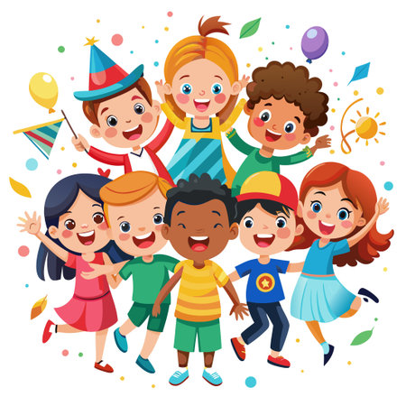 A group of happy kids jumping and celebrating with confetti, balloons and a flag.のイラスト素材
