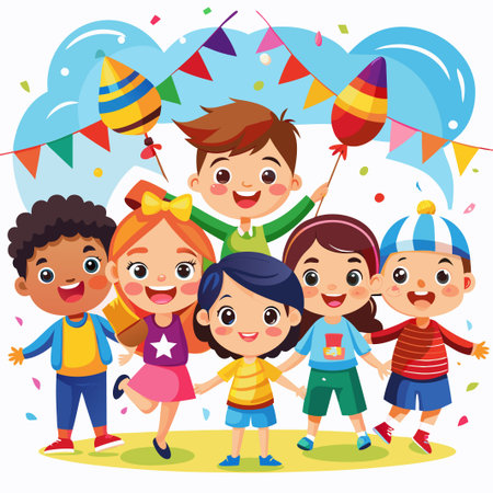Happy diverse group of children celebrate birthday with colorful party decorations.のイラスト素材