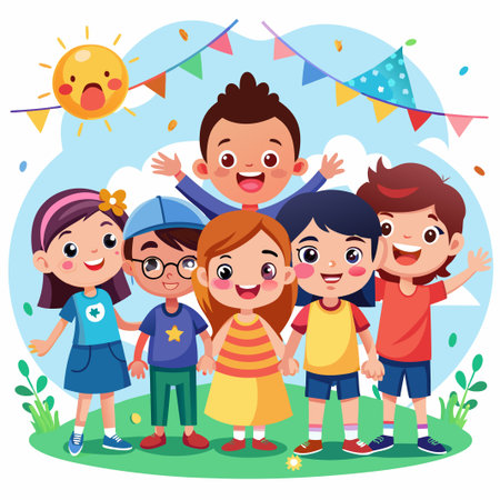 Smiling kids holding hands at a celebration.のイラスト素材