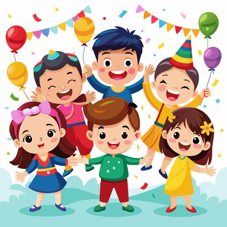 Cheerful kids celebrate with confetti, balloons, and a party hat.のイラスト素材