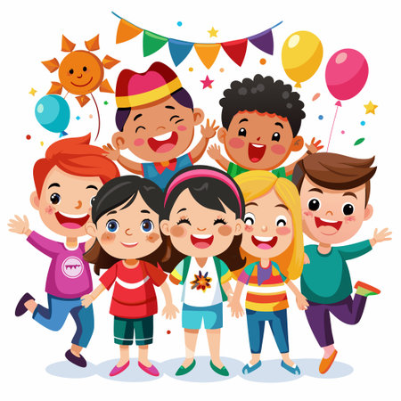 Happy diverse children celebrate with balloons and bunting.のイラスト素材