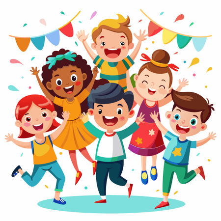 Five happy children jumping with confetti and bunting for a birthday party.のイラスト素材