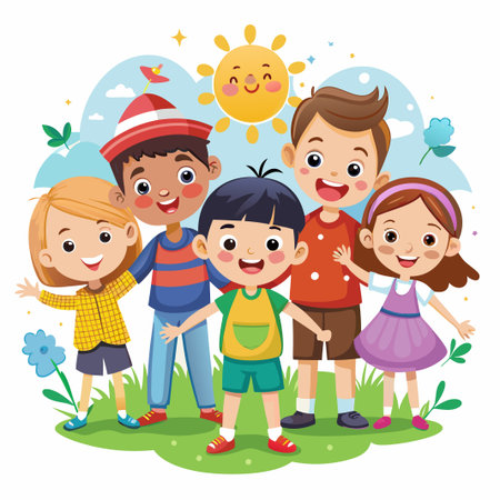 Group of happy diverse children standing together outdoors on a sunny day.のイラスト素材