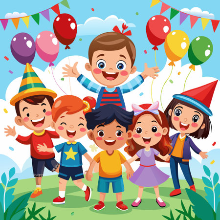 Six happy kids wearing party hats holding hands and smiling in a green field with balloons and flags.のイラスト素材