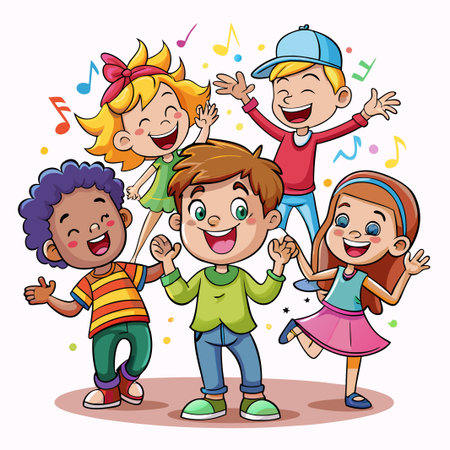 Four happy children singing and dancing with music notes around them.のイラスト素材