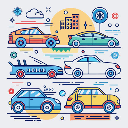 Five colorful cars, each a different model, lined up on a road with abstract lines, circles, and stars in the background.のイラスト素材