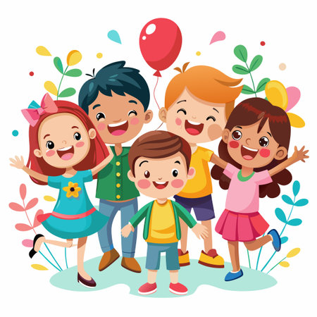 Four happy cartoon kids, two boys and two girls, are smiling and standing together. They are holding a red balloon and surrounded by green leaves and colorful dots.のイラスト素材