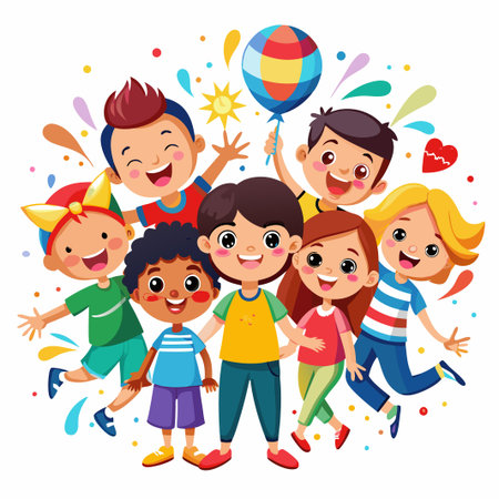 Diverse group of happy kids smiling and jumping together.のイラスト素材