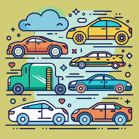 Colorful outlined cars in different sizes and colors.のイラスト素材
