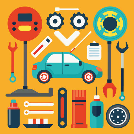 Flat cartoon illustration of a car with various auto parts.のイラスト素材