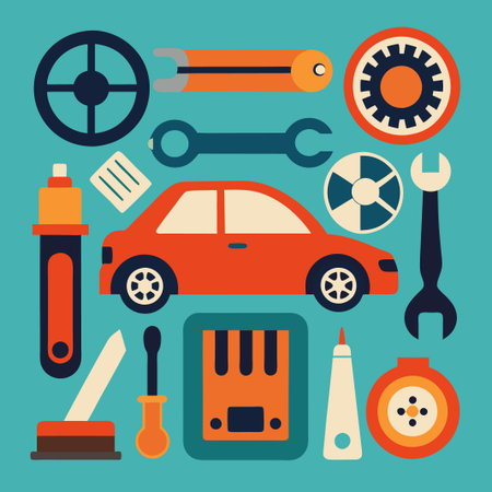 Red car surrounded by auto parts and tools.のイラスト素材