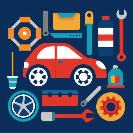 Flat design illustration of car repair tools and car.のイラスト素材
