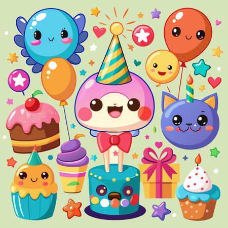 Cute birthday party cartoon characters with cake, cupcakes, balloons and gifts.のイラスト素材