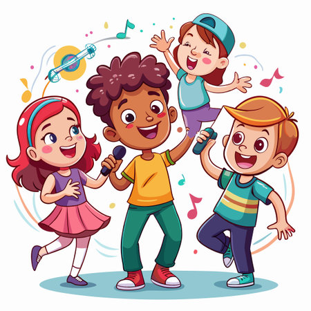 Four happy kids singing karaoke with microphones and music notes.のイラスト素材