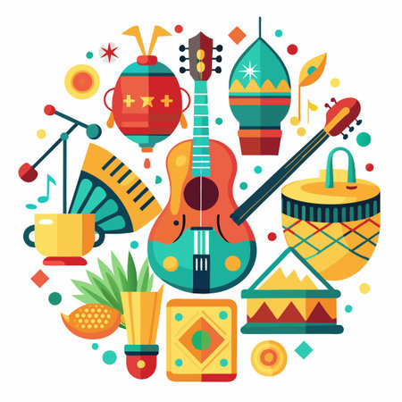 Colorful musical instruments, a fan, a cup, a palm leaf, and a  lantern arranged in a circle on a white background.のイラスト素材