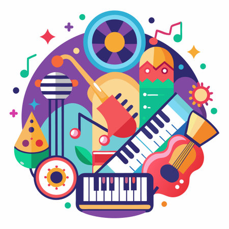 Colorful abstract music design with musical instruments.のイラスト素材