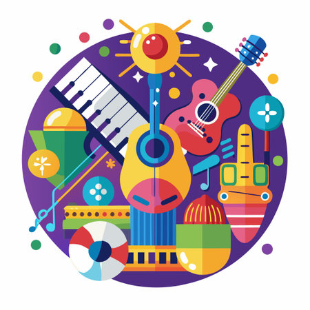 Colorful music and entertainment objects on a purple background.のイラスト素材